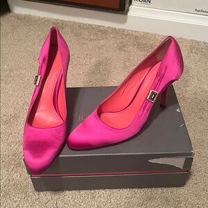 Judith Leiber Pink Satin Heels with Jewel Buckle New with Box